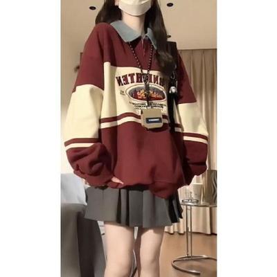Novo Suéter Casual Simples Solto Oversized Colorido Gola Polo Meio Zíper Estampa de Letras Estilo Academia para Primavera e Outono