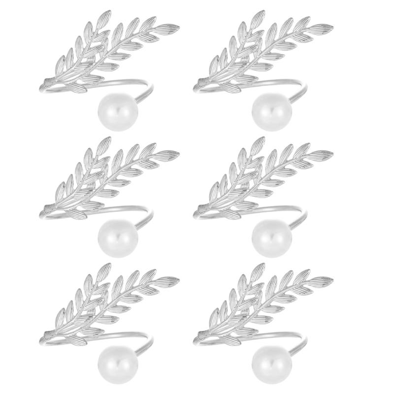 

6Pcs Decorative Tableware Accessories Metal Wheat Ear Napkins Rings with Pearls For Weddings Parties Home Dining Decors серебряный