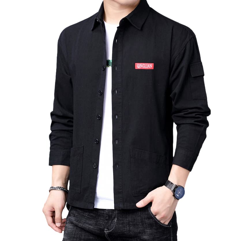 

Стильная рабочая рубашка с длинным рукавом большая с двойным хлопком [Четыре листа] мужская, топ, размер, весна, осень, зима, повседневная, верхняя одежда, рубашка, простая, чёрный