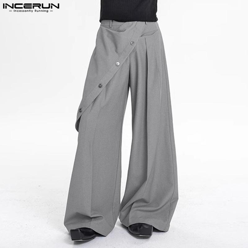 INCERUN Pantalon long décontracté à fermeture éclair et boutons pour hommes, pantalon à jambe large