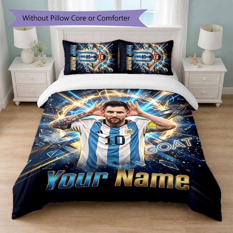 Set Biancheria da Letto Personalizzato con Nome Lionel Messi 1 Copripiumino+2 Federe Logo Calcio Regalo Personalizzato per Occasioni Speciali Decorazione Camera da Letto