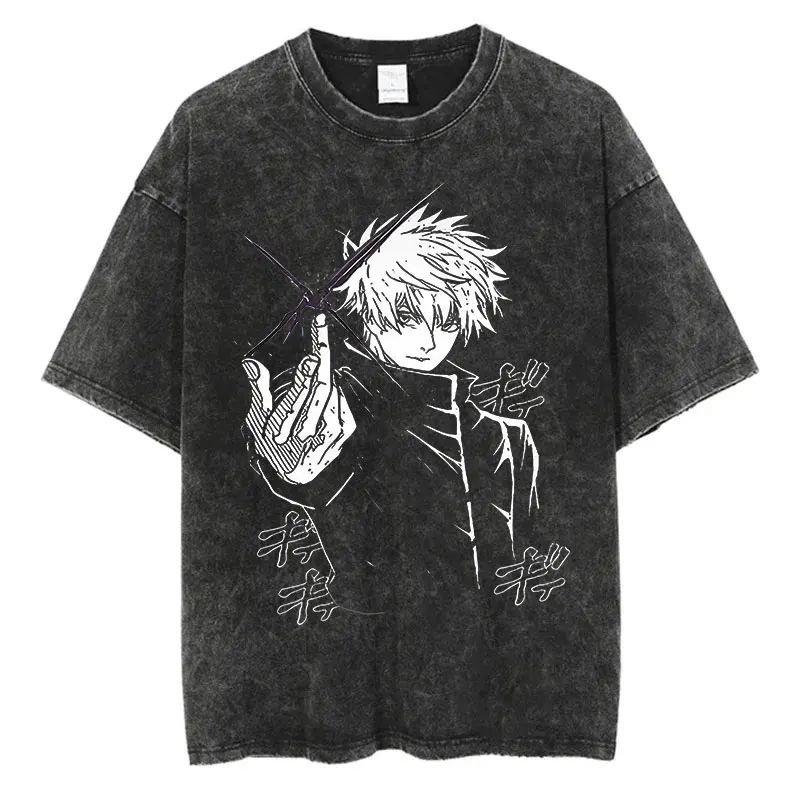 Vintage Washed Anime Graphic T Shirts Man Women Short Sleeve Tops Tees Summer Casual Harajuku Y2k Clothes