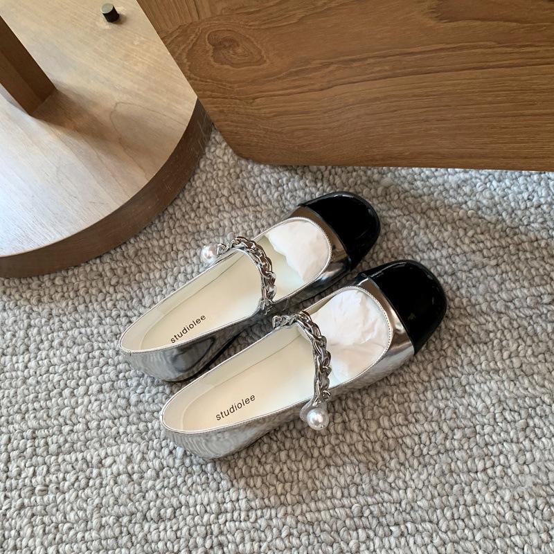 

Sheepskin version~ Grape mother same leather flat bottom light mouth color matching pearl chain commuting Mary Jane shoes women s single shoes 40