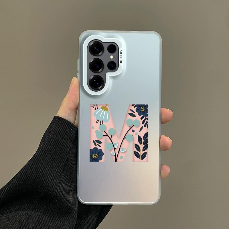 Phone Case For Samsung Galaxy S26 S25 S24 S23 S22 Ultra S20 S10 S21 FE 5G Plus Silver IMD Cover Art Initial Letter M Flowers