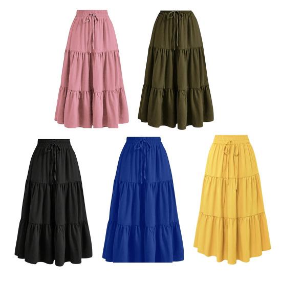 Damen Sommer Stufen A-Linie Maxirock Hoher Bund Plissiert Schwingend Langer Rock Freizeit Fließend Strand Boho Rock