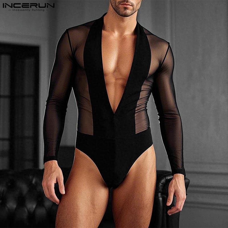 INCERUN Pánské trikotové kombinézy s dlouhým rukávem, síťovinou, průhlednou