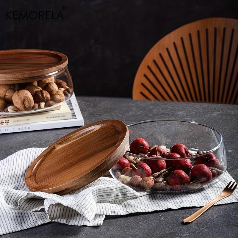 KEMORELA 1PCS Glass Food Storage Containers with Wooden Lid Kitchen Snack Fruit Candy Nut Sundries Storage Organizer for Kitchen