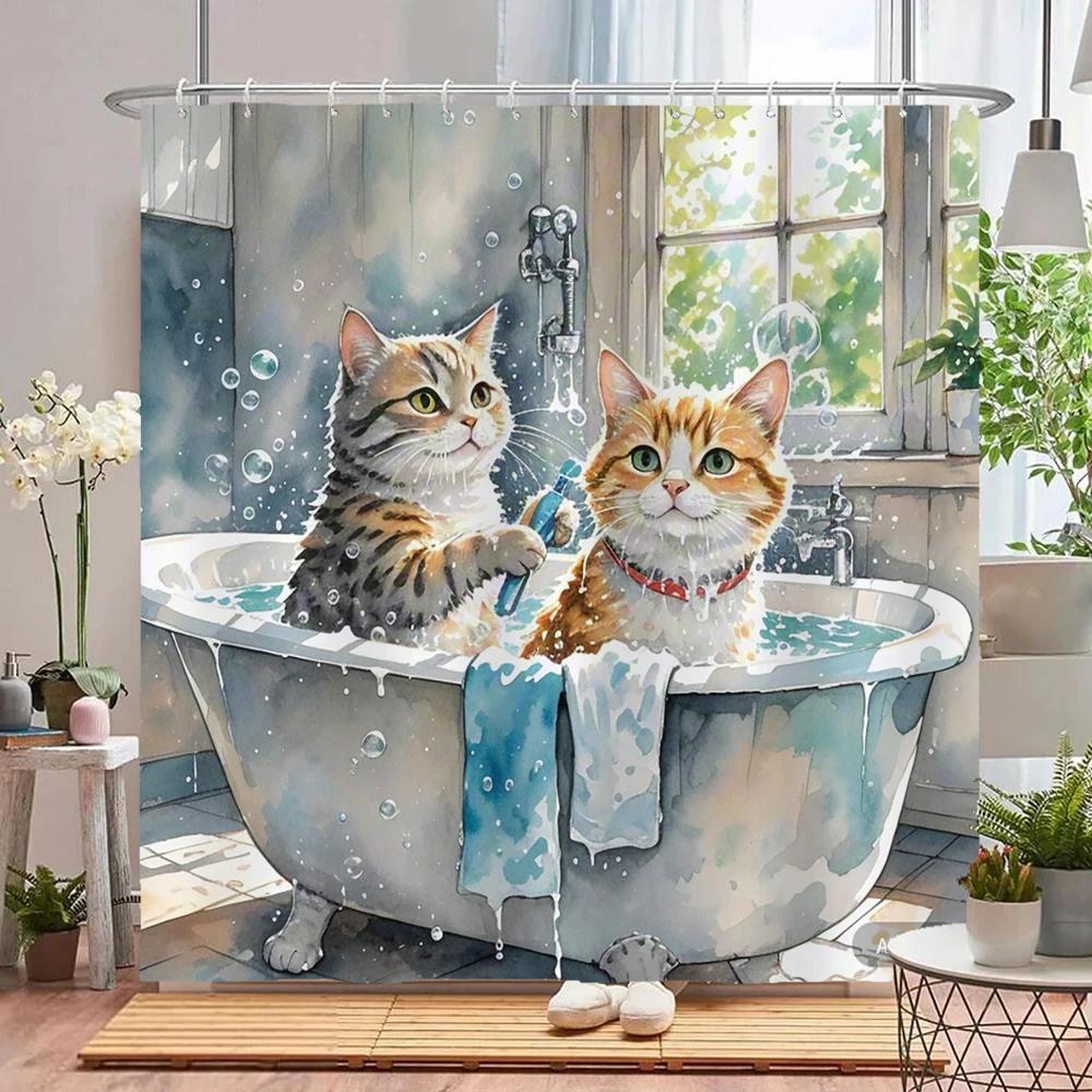 Funny Bathing Cat and Dog Shower Curtain Waterproof Bathroom Curtain Creative and Interesting Partition Bath Curtain with Hooks