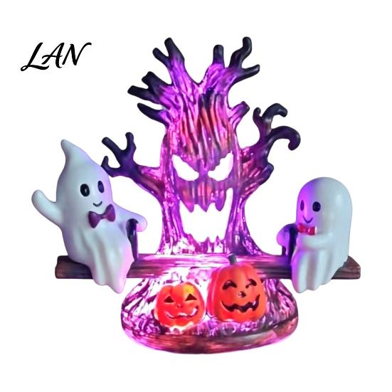 Fun Halloween Seesaw Ghost Table Lamp Animated Light, USB Powered 3D Night Cute LED Portable Light with Spooky Tree And Pumpkin Design, Decor