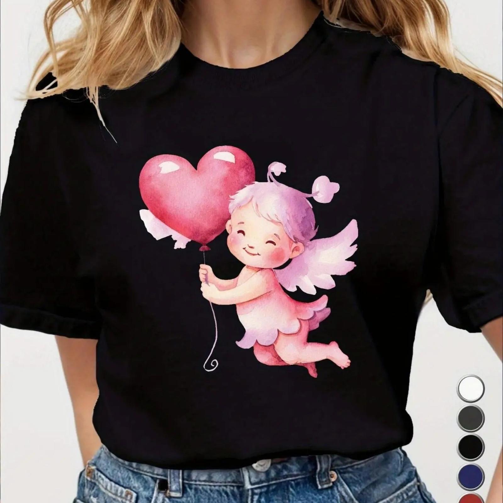 Whimsical Cupid with Heart Balloon Pure Women S Tshirt Comfort Fit Tee For Adult, Men, Women, Teen, Teenager, Adolescent, Youth S