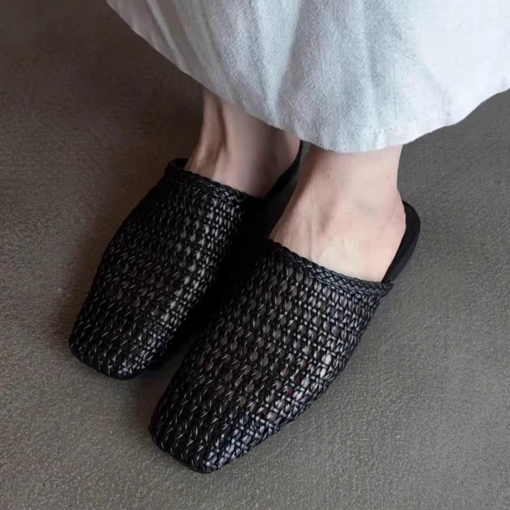 Ladies Slippers Flat Bottom Outside Woven Hollow Bag Head Half Slippers Women's Summer Flat Bottom Square Head Fashion Sandals