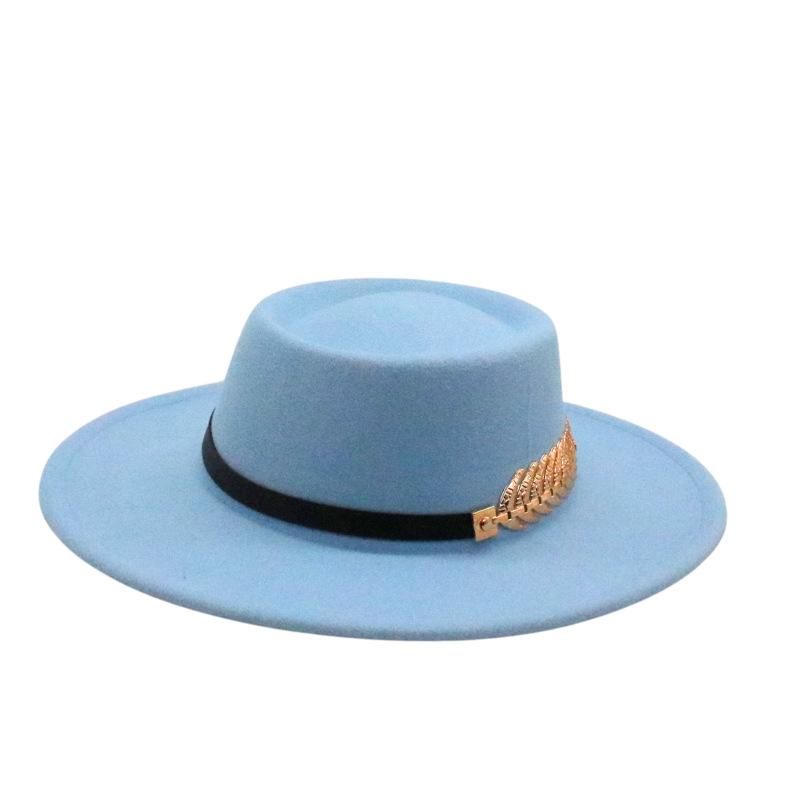 Female Autumn And Winter British Retro Top Hat Jazz Hat French Socialite Hepburn Style Belt Buckle Tweed Wide Brim Flat Top Hat