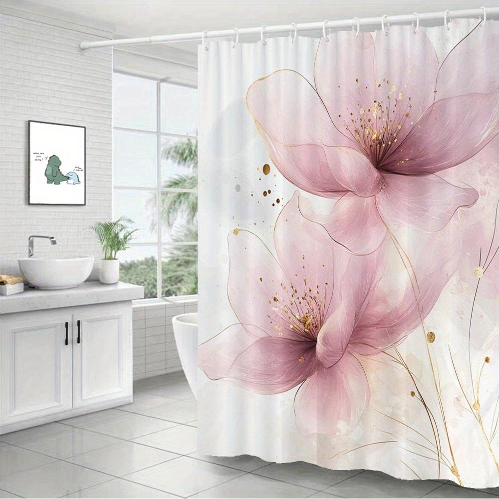 Pink Floral Shower Curtain – Watercolor Blooms With Gold Stamen, 12 Hooks, 70.8×70.8 In, Polyester, Machine Washable