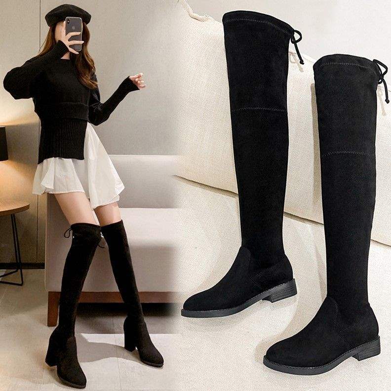 Knee Boots Winter Velvet New Small Elastic Thin Boots Thick Heel Long Boots High Boots Women