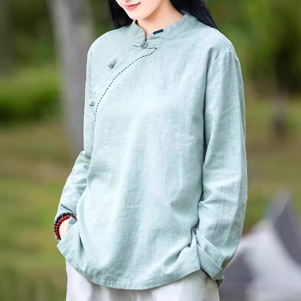 Cotton and linen stand-up collar long-sleeved women's spring and autumn new buckle pullover top long-sleeved T-shirt