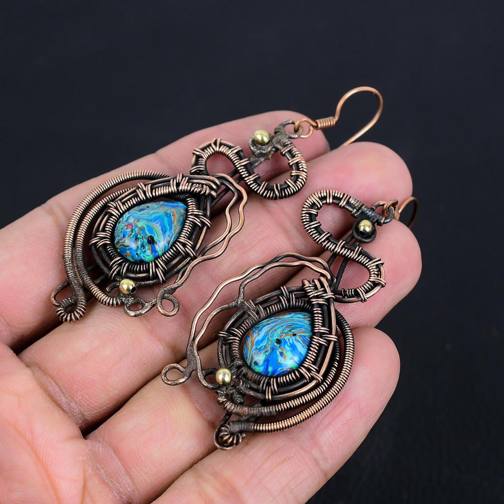 Rainbow Calsilica Earrings, 999 Copper Wire Wrapped Earrings, Handmade Gemstone Jewelry Earrings For Memorial Day