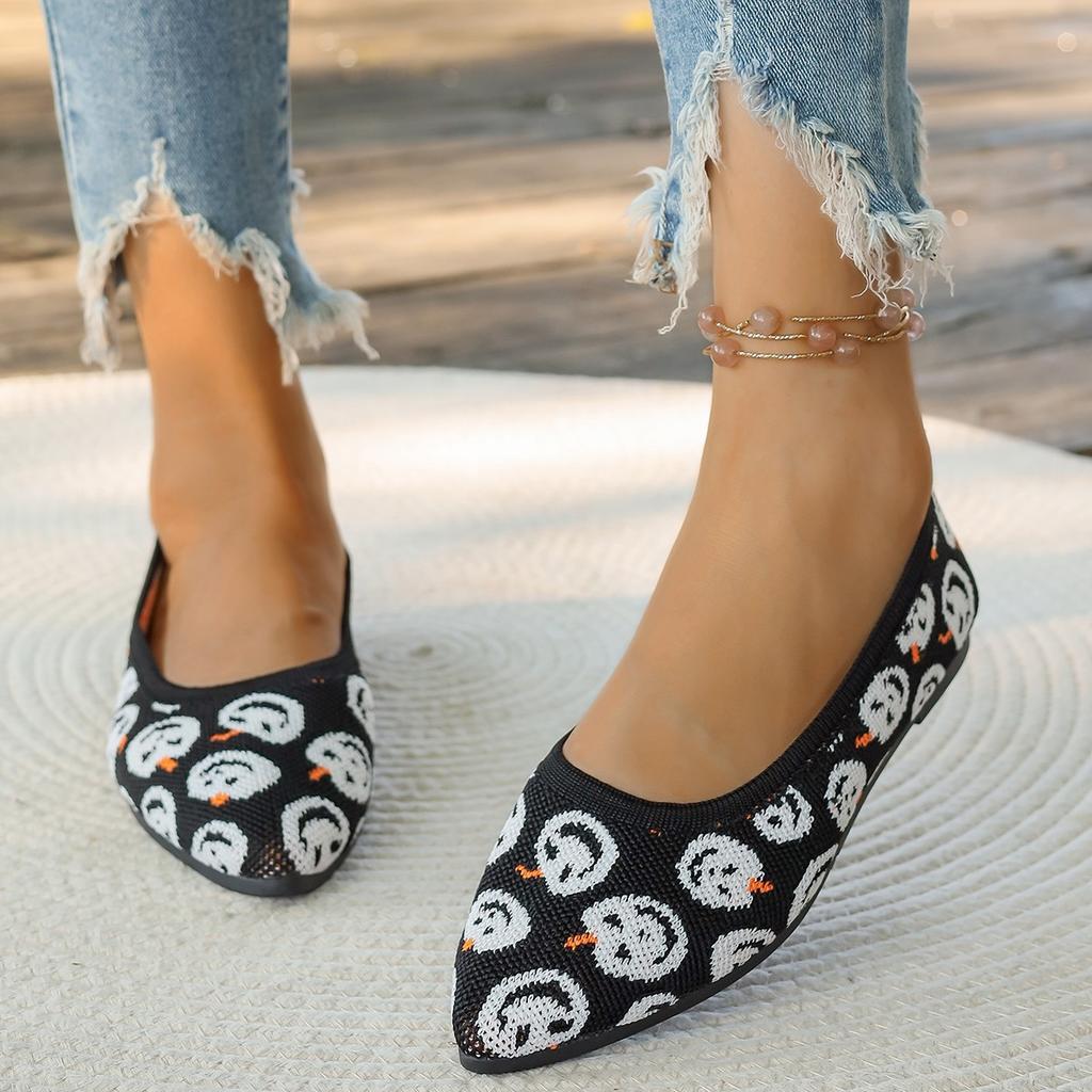 Halloween pumpkin women's shoes shallow mouth pointed head fly knitting one pedal single shoes