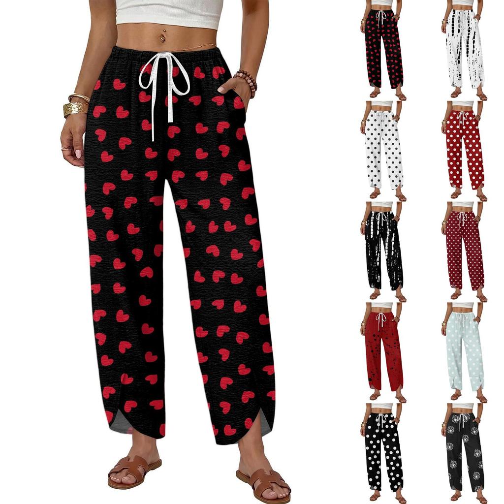 Damen Lässige Weite Hosen Lockerer Sitz Gerader Schnitt Knopfdetail Bedrucktes Muster Kordelzug Taille Lange Hosen