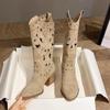 2025 New Women's Mid-calf Boots Suede Leather Hollow Out Boots for Women Western Cowboy Boots Knight Booties Botas Mujer