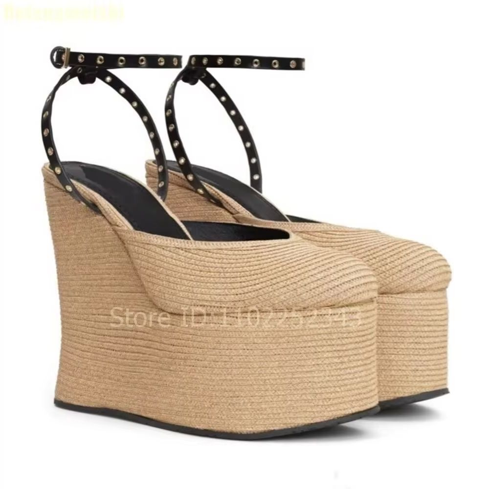 Shallow Ankle Strap Super High Heel Wedges Sandals Grass Woven Platform Women Summer Sandals 2025 New Linen Round Toe Sandals