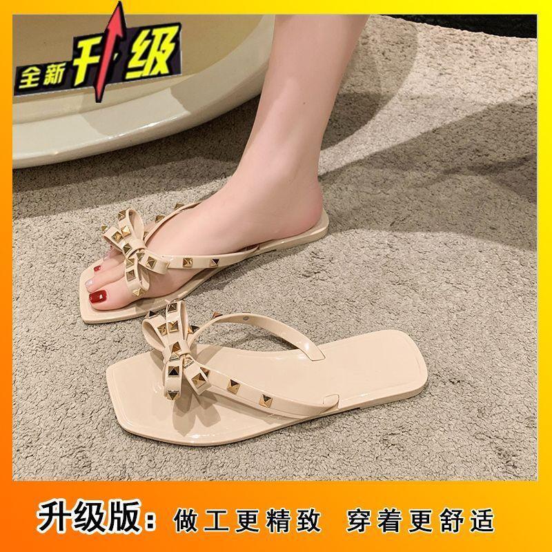 Retro fashion European and American willow nail flat beach shoes 2025 summer new travel vacation bow flip-flops women