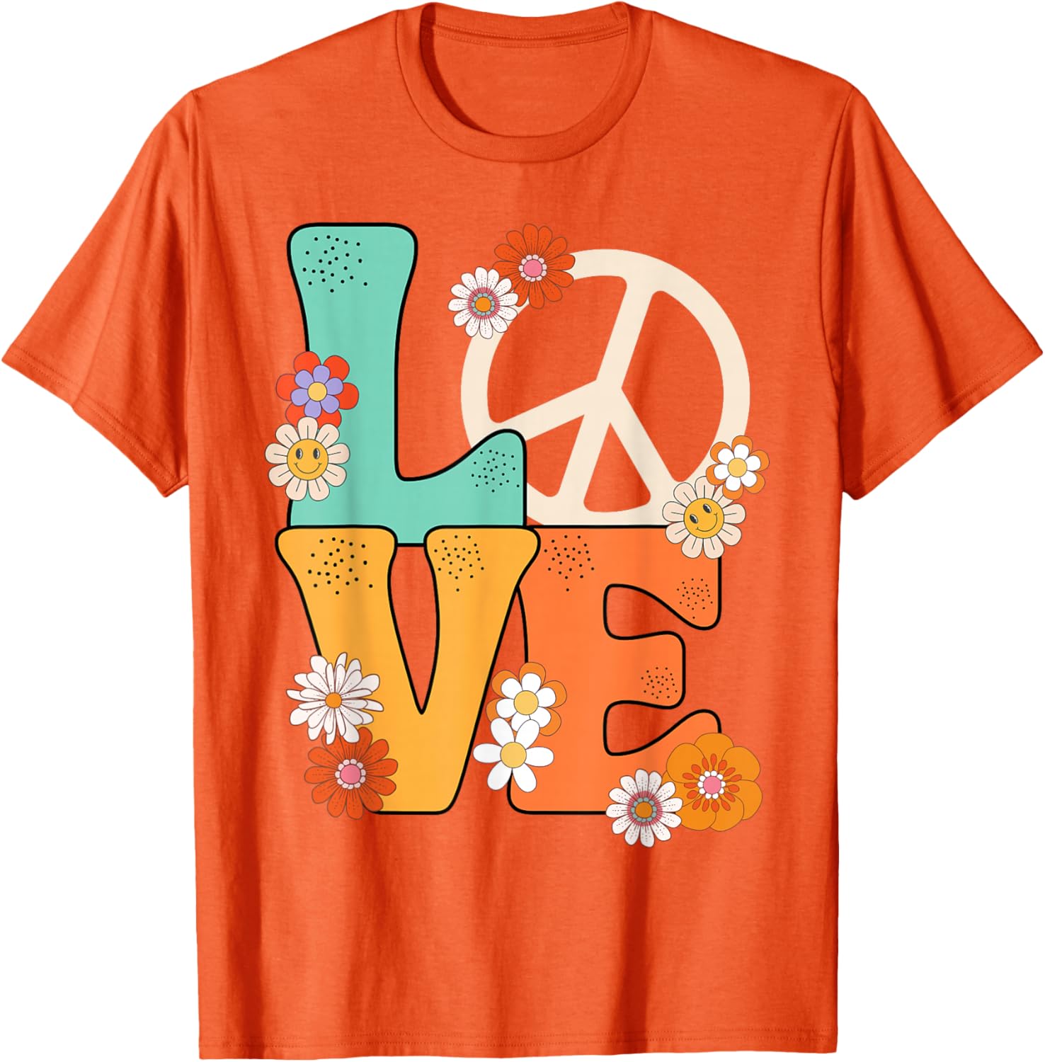 

Peace Love Flower Hippie Retro 70s Graphic Tee Breathable Cotton Casual T-Shirt for Men 4XL