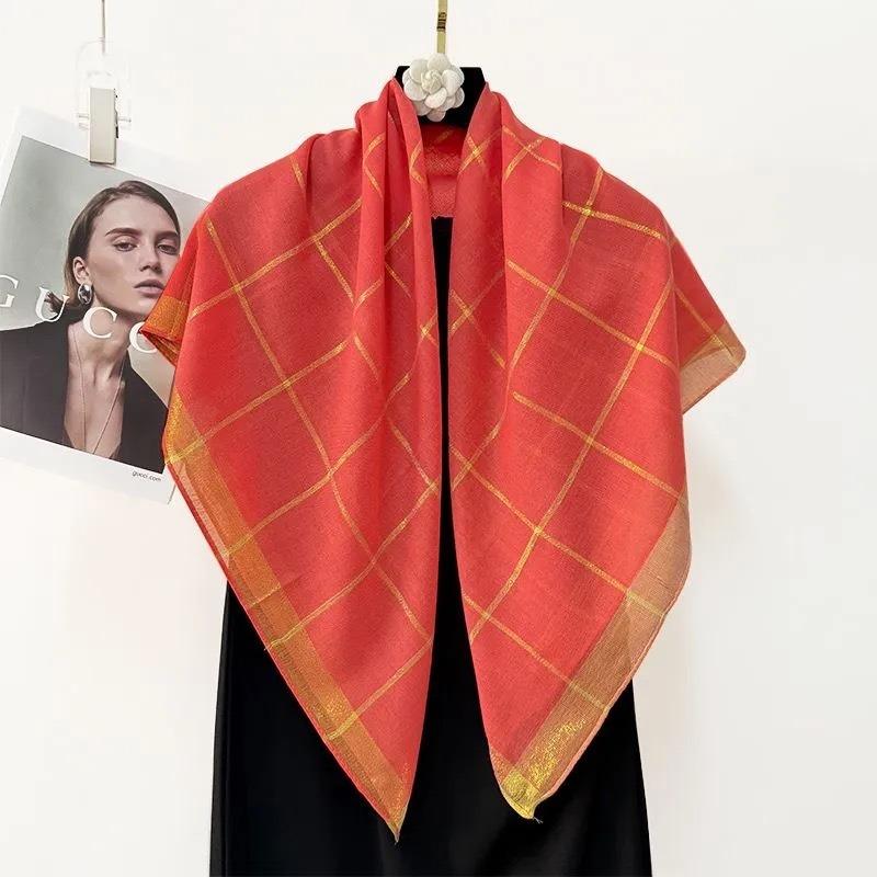 Women S Gold Line Plaid Square Scarf 90x90cm Elegant Shawl For Autumn Winter
