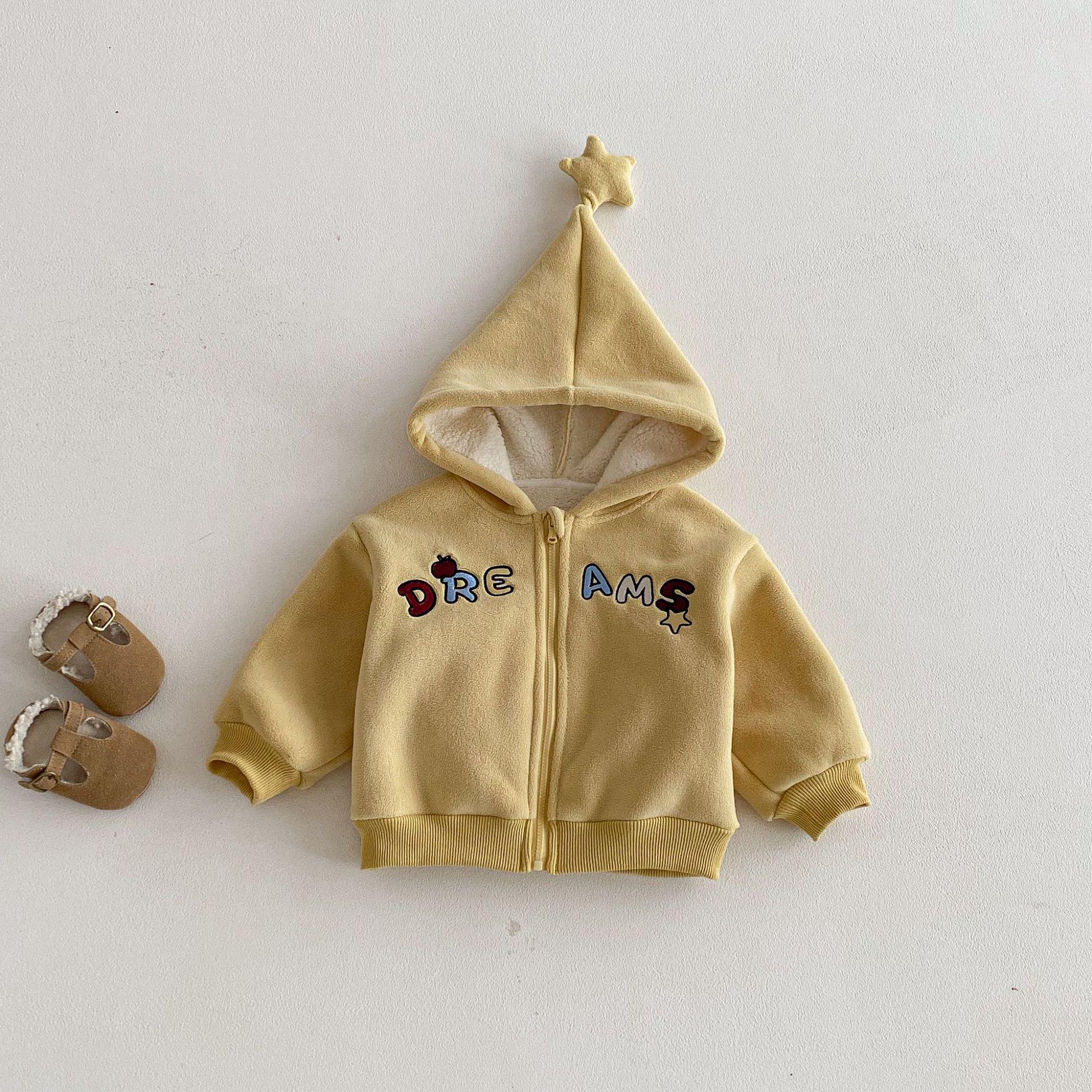 

2025 New Boys Velvet Hooded Star Embroidered Winter Jacket - Thick Children s Cartoon Top Size 110 лимонно-жовтий колір