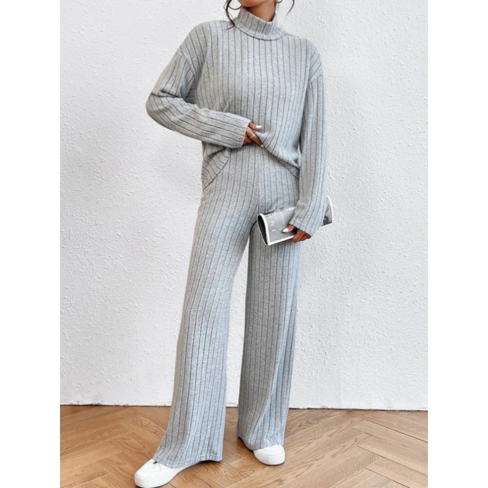 Completo casual da donna in 2 pezzi, felpa a collo alto in maglia a maniche lunghe e set di pantaloni larghi per autunno inverno