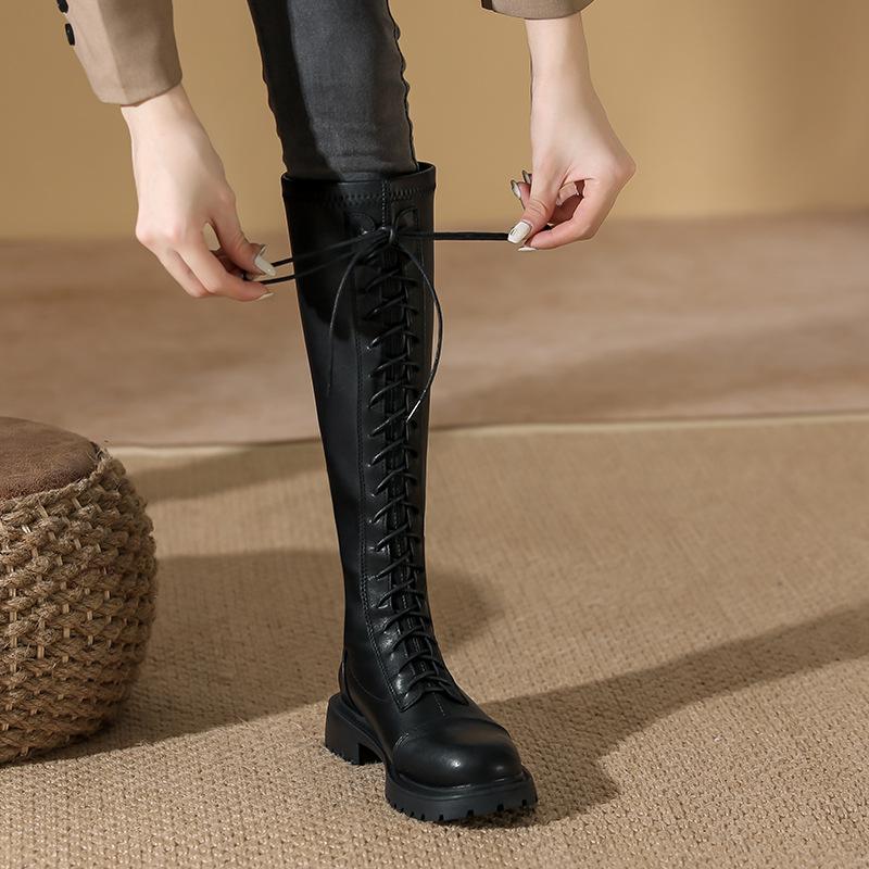 White knight boots women's autumn and winter soft leather lace-up thick-soled boots women's thick-heeled long boots high boots piled and thickened