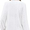 Women's Lace V Neck Puff Long Sleeve Eyelet Tops Dressy Business Casual Work Shirts Blouses Crochet Hollow Out Blouse Lace Pullover Top S-XXL