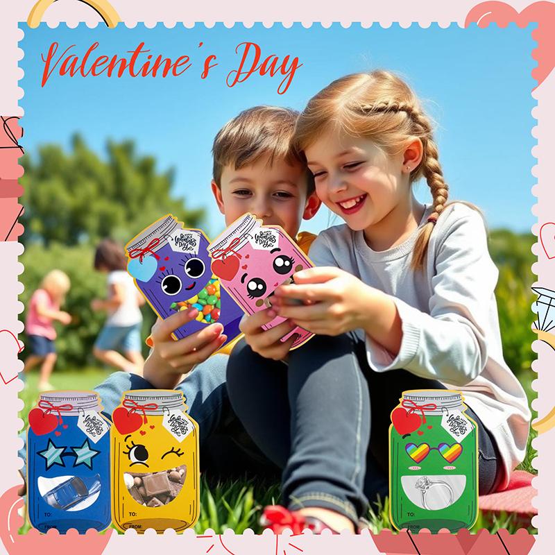 

Valentines Day Cards For Kids School - 24 Pack Mason Jar Valentines Day Gift Cards With Treat Bags For Boys Girls