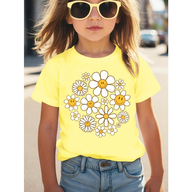 Girl Sunflower Daisy Print Creative Casual Crew Neck T-Shirt Tween Girl Clothes 110 жёлтый