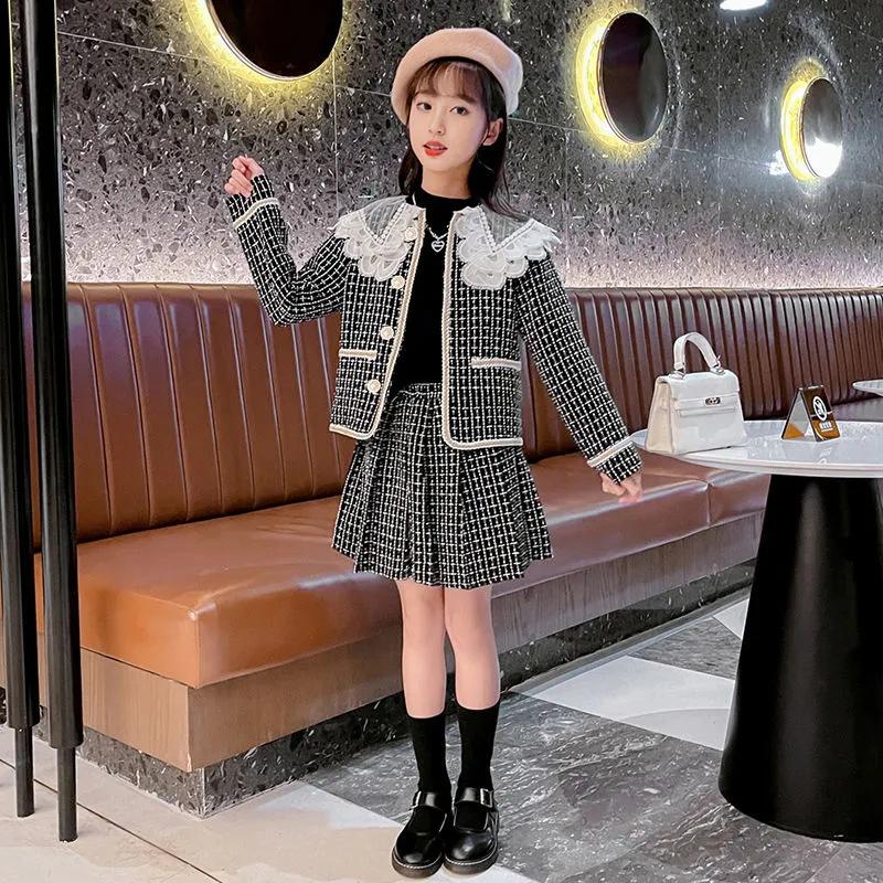 Girls' Autumn Elegant Set Design: Lace Button Jacket + Skirt Two-Piece Set