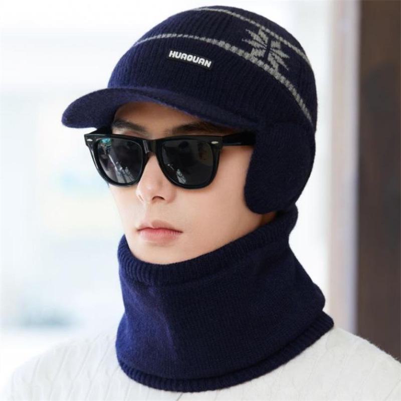 

Мужская зимняя вязаная шапка и толстые наушники с теплым ветрозащитным шарфом для езды на велосипеде на открытом воздухе Set (Hat + Scarf)