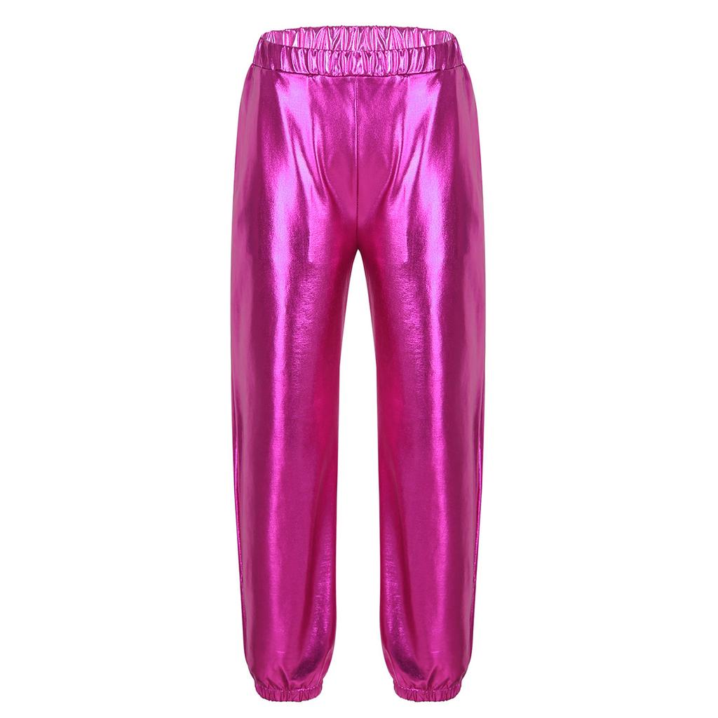 Pantaloni da Ragazza Metallizzati Lucidi Elastici a Vita Alta Tasche Pantaloni da Danza Hip Hop Streetwear Pantaloni della Tuta