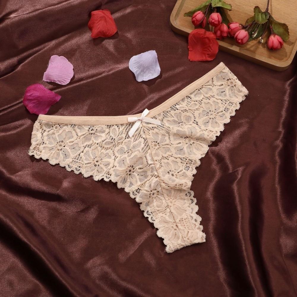 Thin Floral Lace Seamless Panties Bow Thong Flower Underwear for Women Cotton Crotch Transparent Mesh Lace Briefs Daily