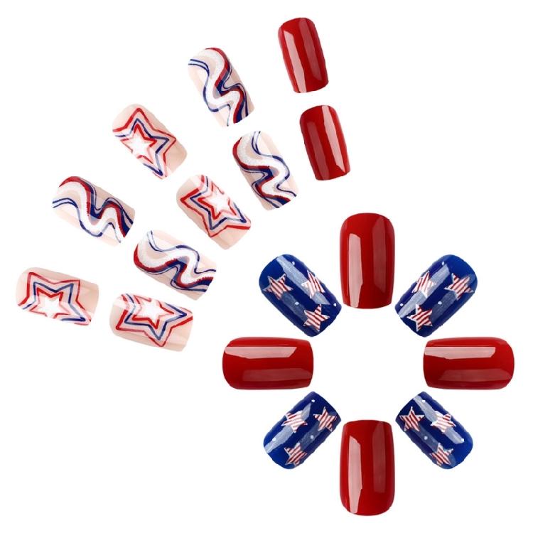 24 Pcs 4th of July Stick on Nail Independence Day Artificial Nail Square Full Cover False Nail Stars Press On Nail