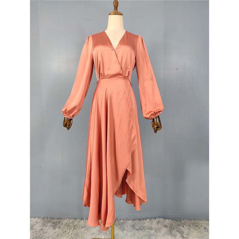 Export Single High Quality FN Home Acetic Acid Smooth Satin Comfortable Gas Field Irregular Big Skirt Long Sleeves Dress