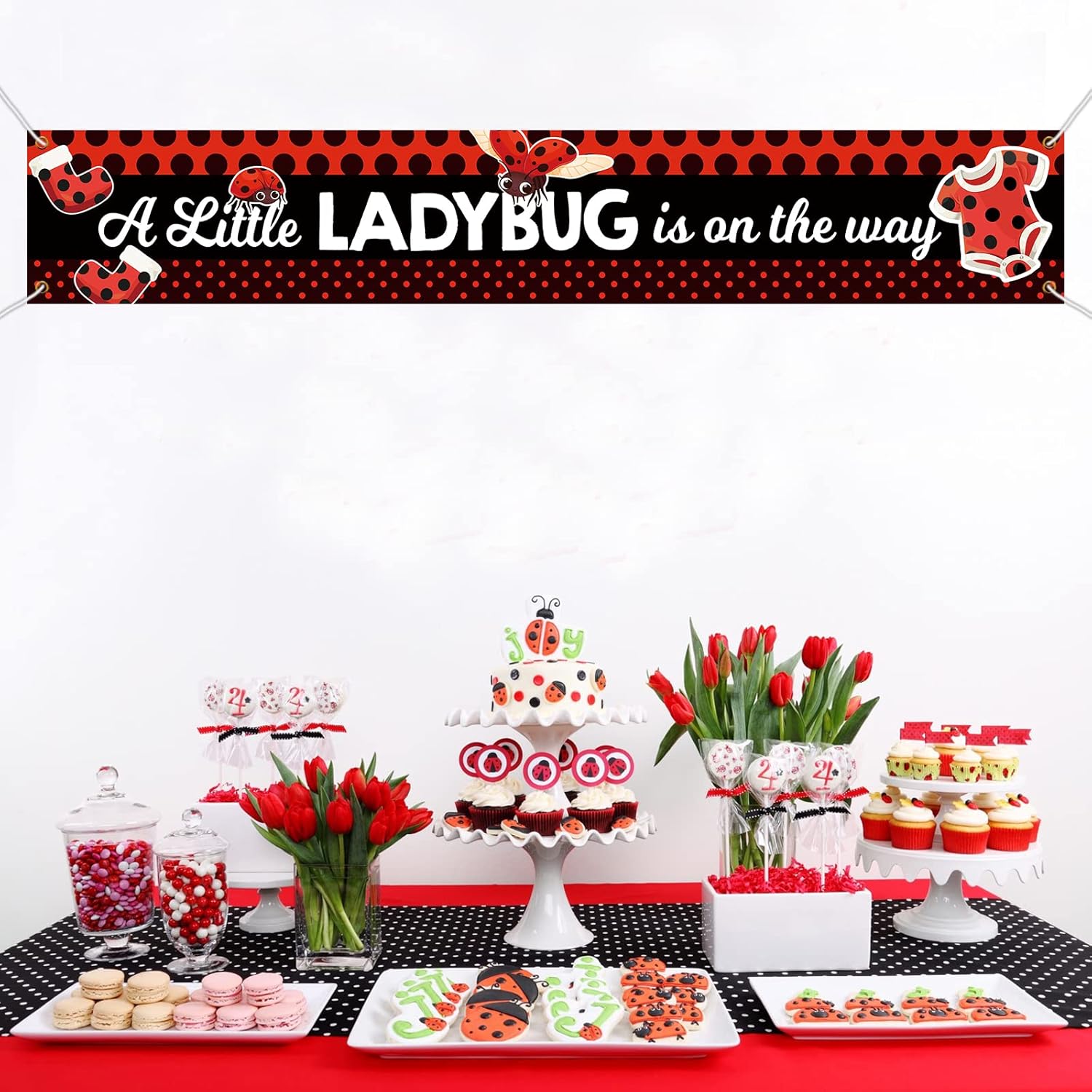 Red Ladybug Baby Shower Large Banner for Girls A Sweet Little Ladybug is On The Way Banner,Ladybug Baby Show Decor,Red Black Wave Point Ladybug Theme