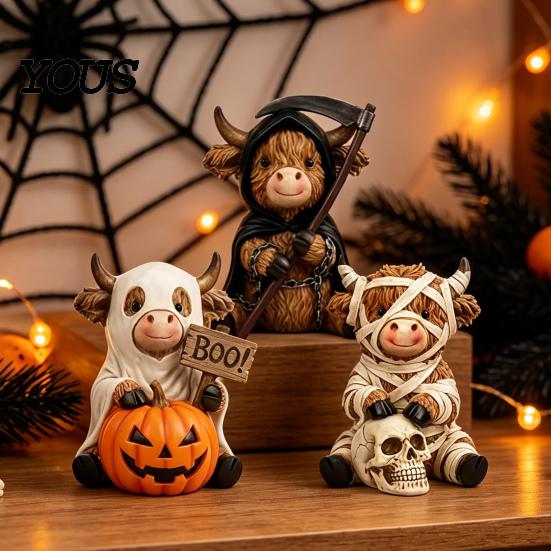 Unique Desktop Collectibles 3Pcs Halloween Highland Cow Figurines, Resin Cattle Statues of Grim Reaper, Porch Entryway Decorations Mummy & Ghost,