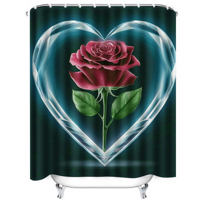 Romantic Heart Rose Shower Curtain - Waterproof, Mildew-Resistant, Machine Washable For Valentine'S Day Bathroom Decor
