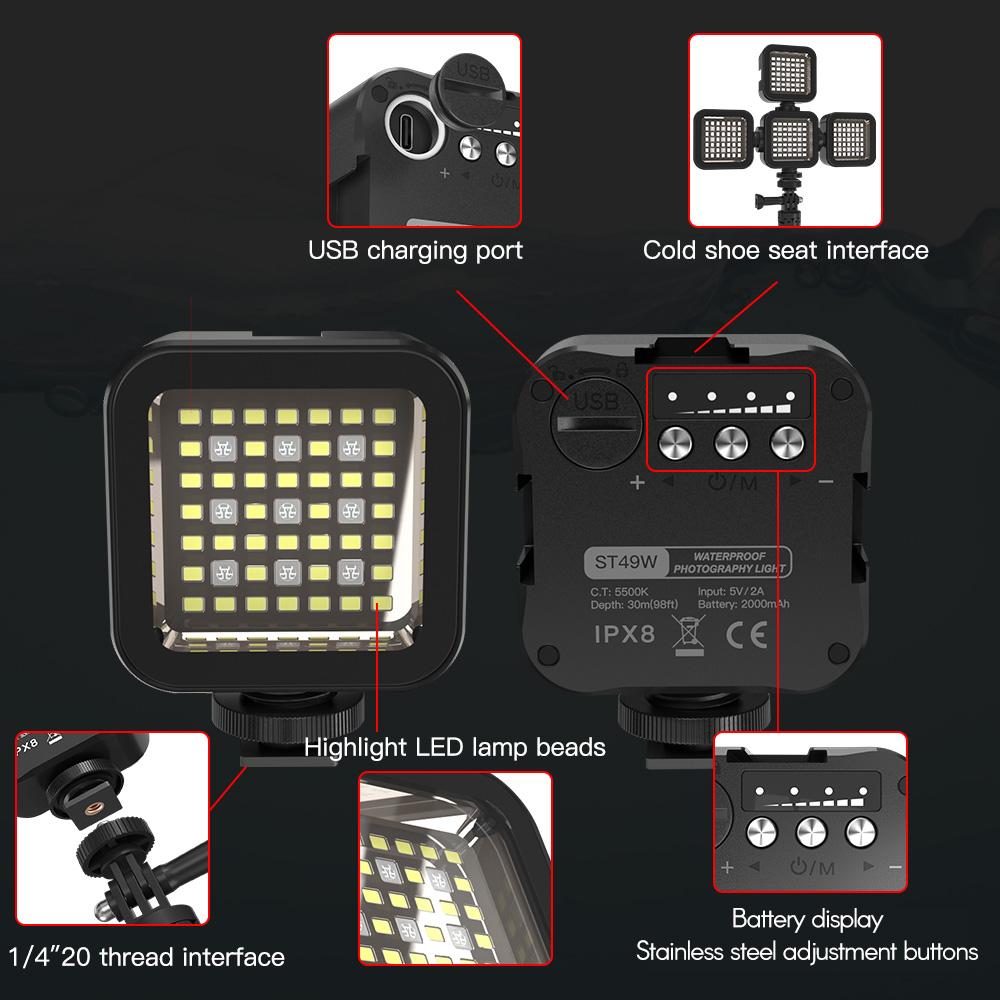 30m/98ft Waterproof RGB LED Video Light Portable Mini Camera Light 5500K Color Temperature Dimmable
