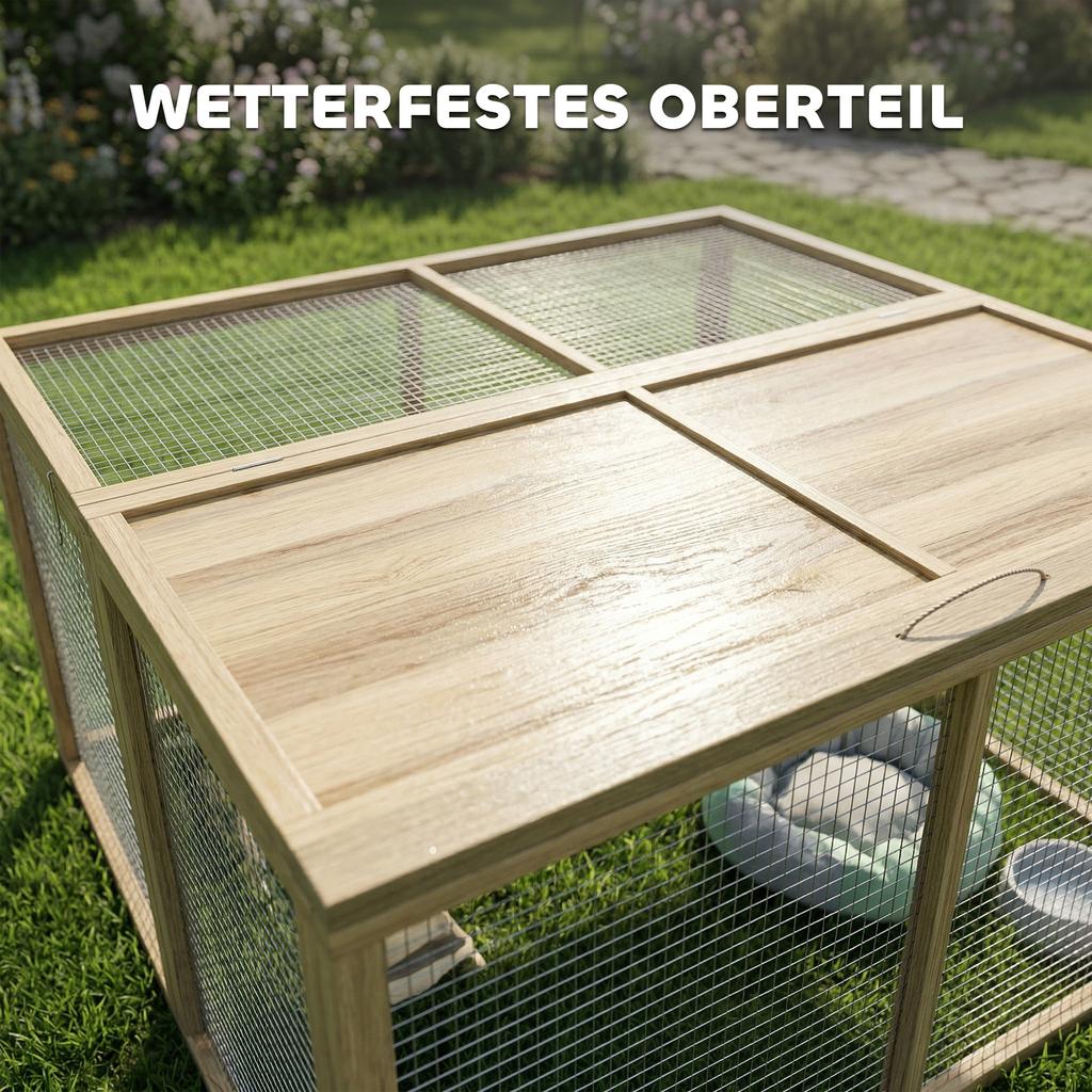 Small Animal Cage, Rabbit Hutch, Hinged Roof, Fir Wood, 120x120x57cm, Natural