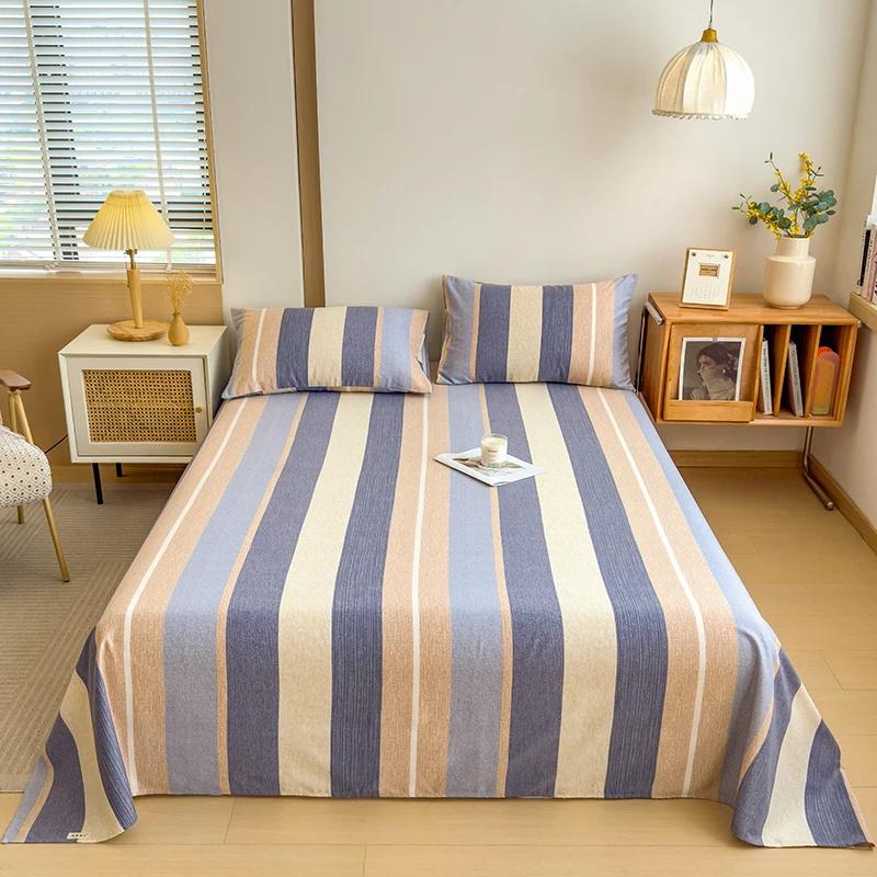 Geometric Plaid Pattern Bed Sheet Set Simple Grid Flat Sheet 100% Cotton Bedding Breathable Durable Sheets with 2 Pillowcases