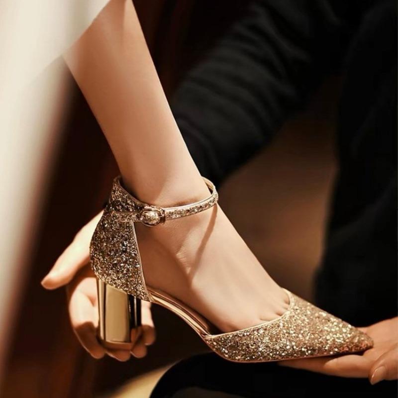 Fall New Coarse Heel Shoes Women's Pointy Shallow Mouth Glitter One-line Buckle Anti-slip Wear-resistant Low-top Shoes