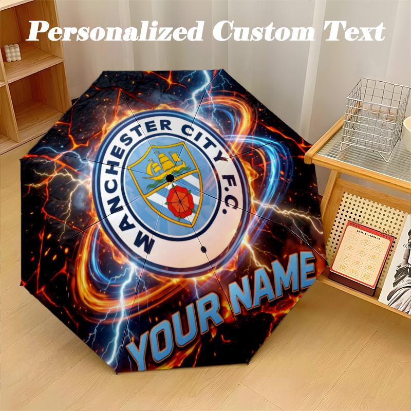 8 Rib Auto Folding Umbrella Manchester City Print Custom Name Text Portable Rain Gear