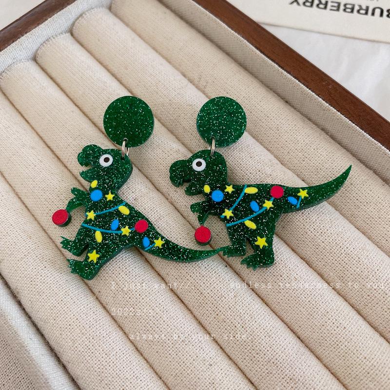 Silver Needle Dinosaur Christmas Hat Earrings - Cute, High-End, Versatile Design