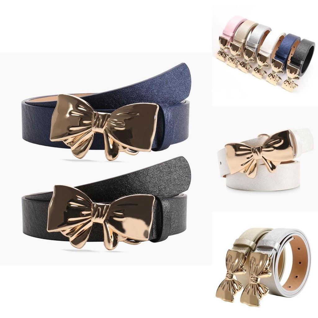 Pu Leather Womens Belt With Metal Bow Knot Buckle For Casual And Office Style