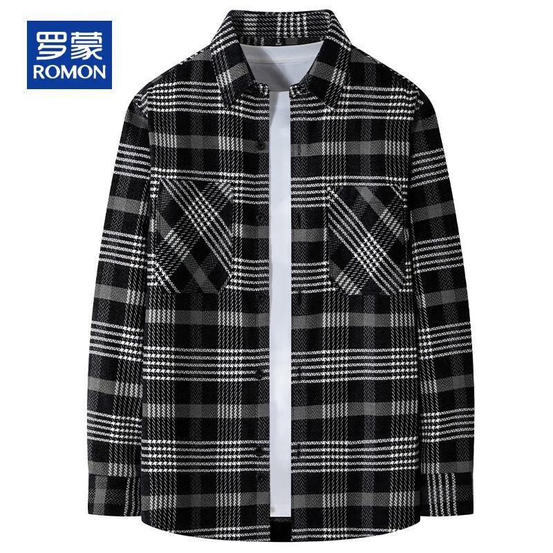 ROMON Men s Autumn/Winter Plaid Long Sleeve Casual Shirt with Pockets 2XL